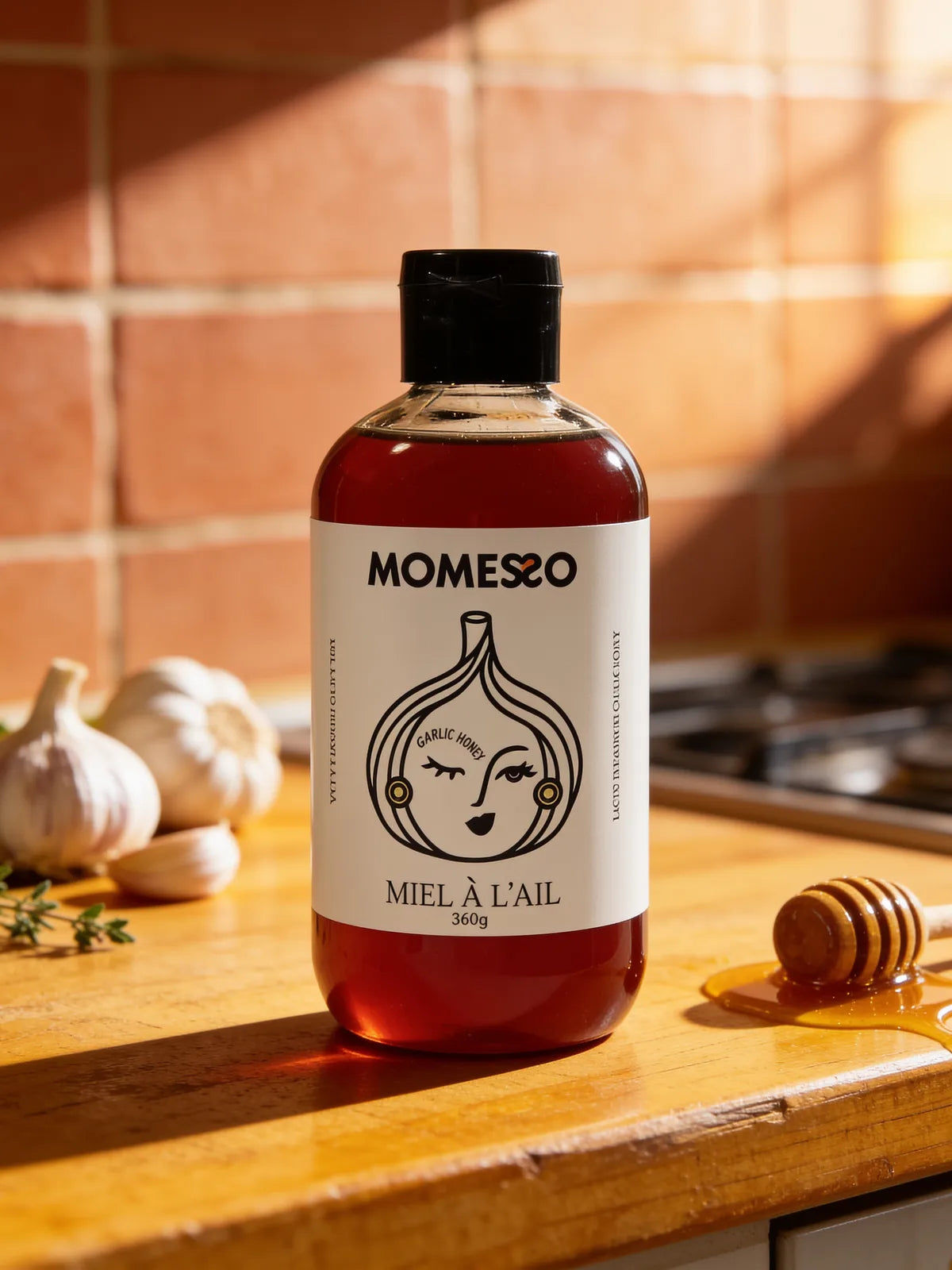 Momesso Garlic Honey / Miel à l'ail bottle on a kitchen counter with fresh garlic