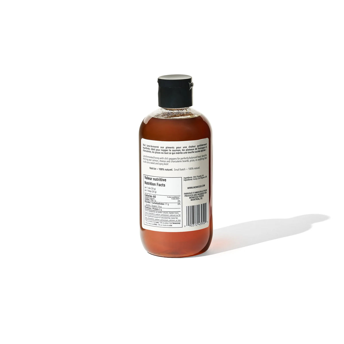 Momesso Hot Honey / Miel Epice bottle, back label with nutrition facts