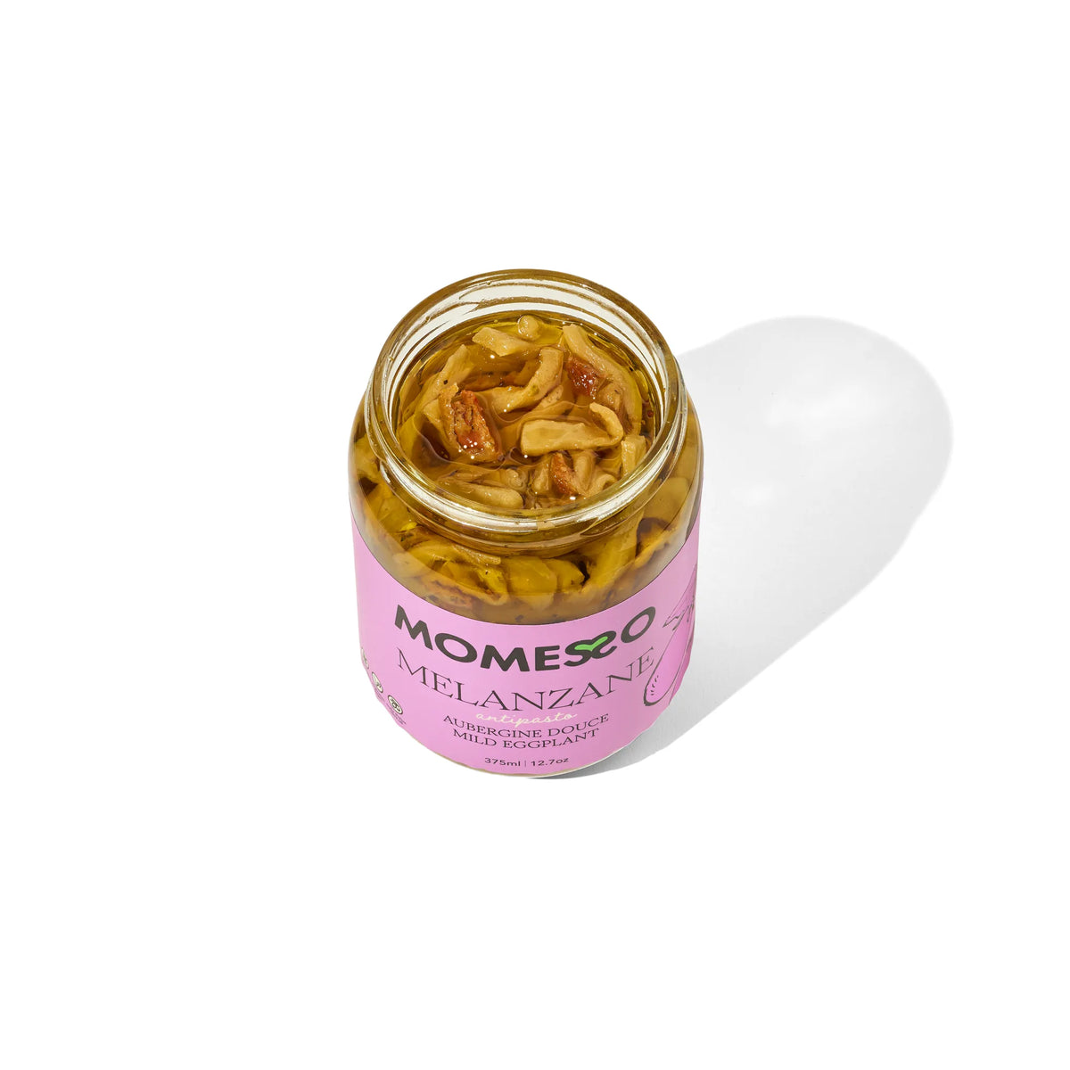 Momesso Melanzane mild eggplant antipasto, open jar top-down