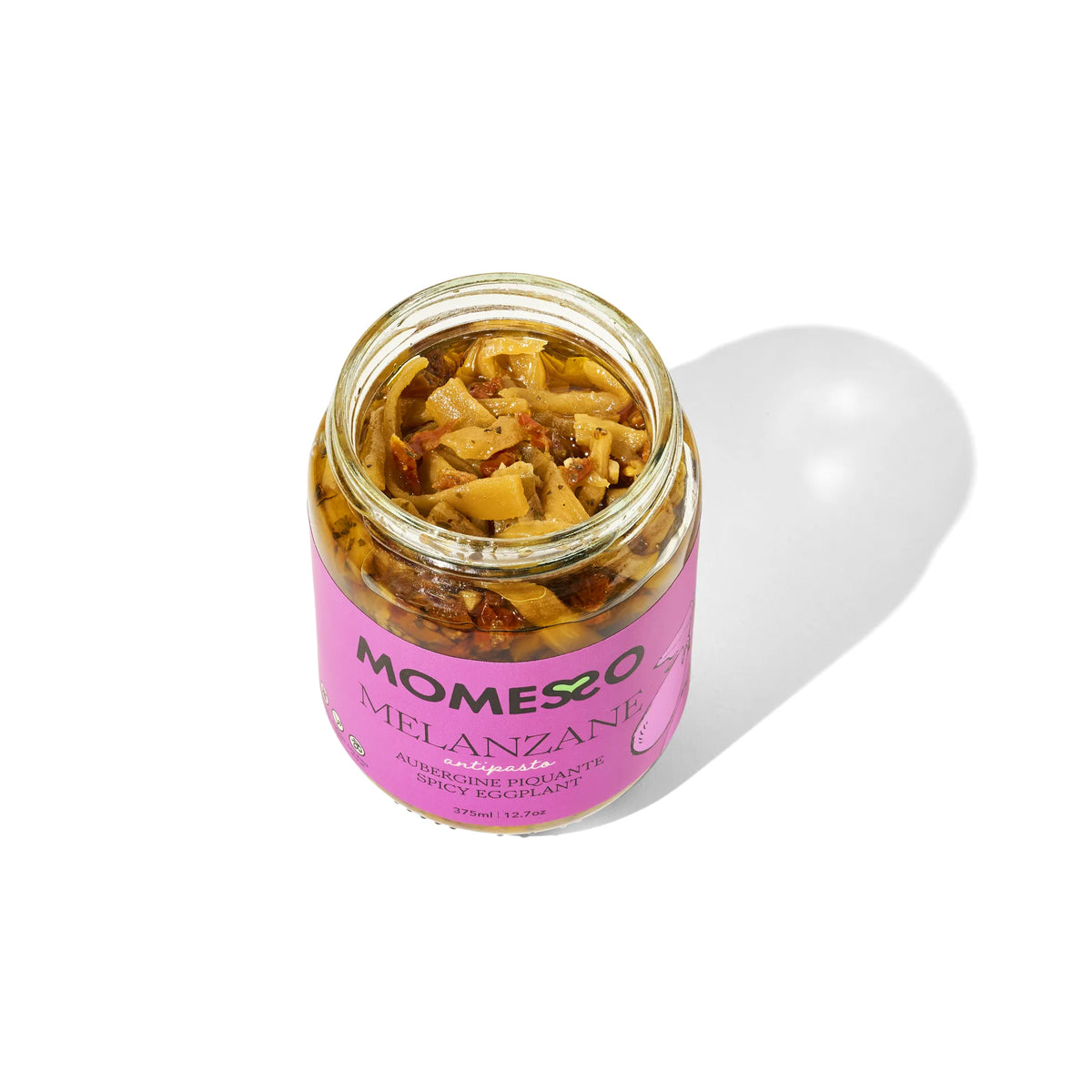 Momesso Melanzane spicy eggplant antipasto, open jar top-down