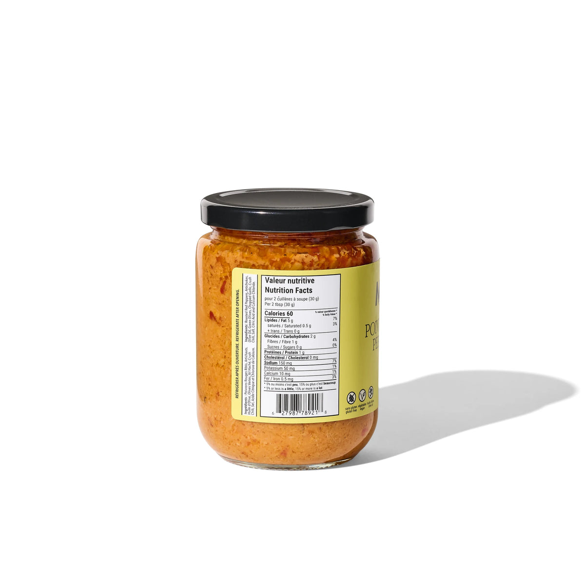 Momesso Pepper & Artichoke spicy spread jar, back label with nutrition facts