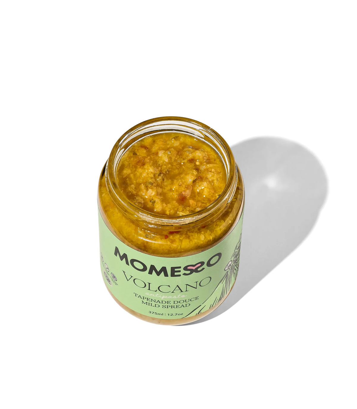 Momesso Volcano mild tapenade spread jar, top-down product shot