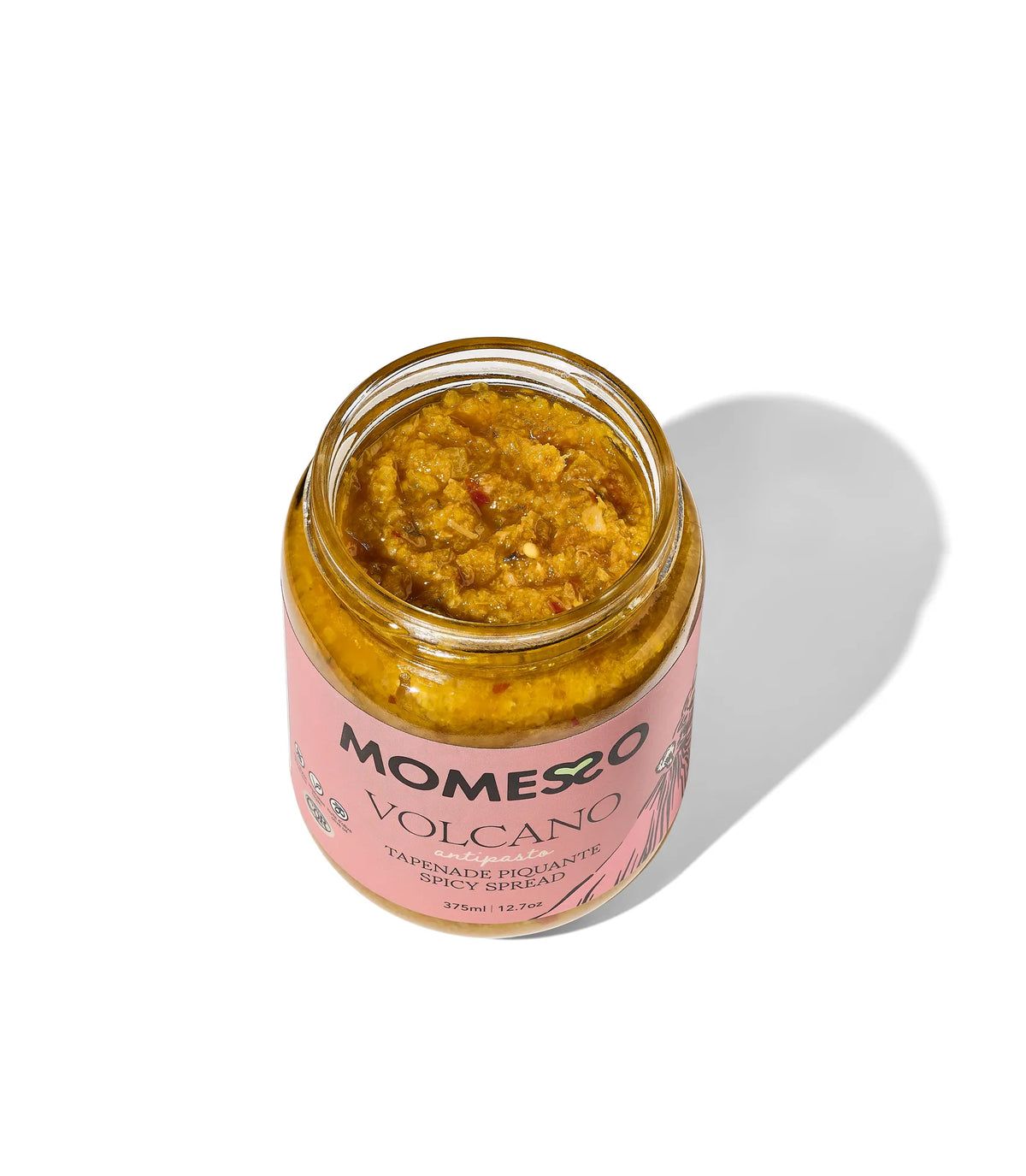 Momesso Volcano spicy tapenade spread jar, top-down product shot