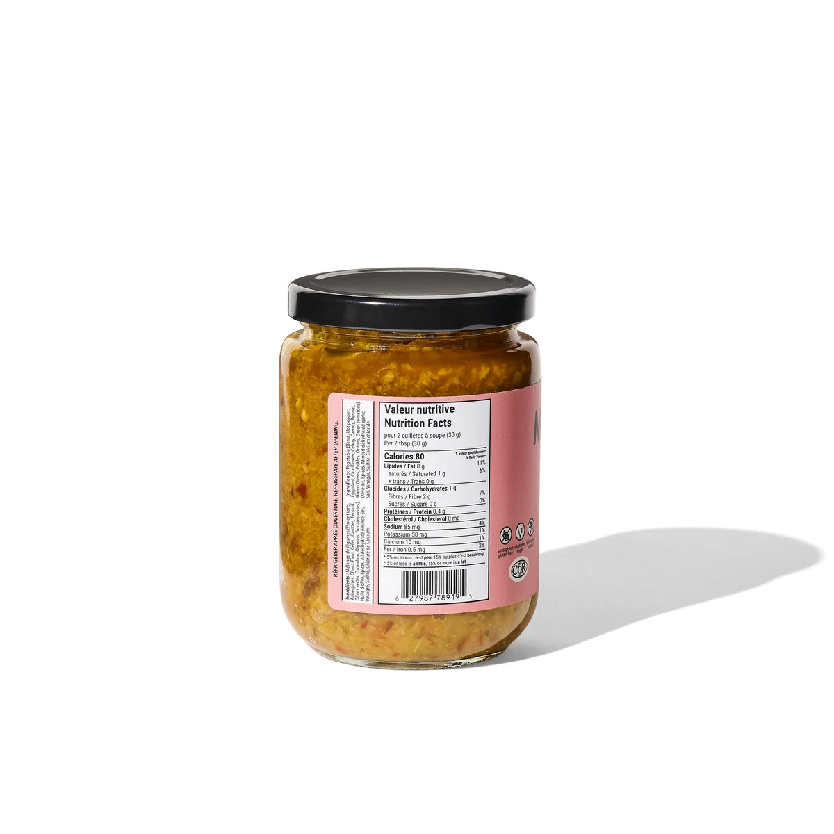 Momesso Volcano spicy tapenade spread jar, back label with nutrition facts